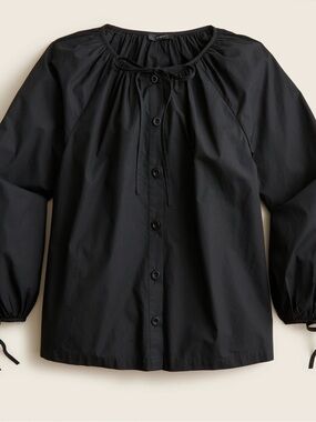 Tie-sleeve button-front cotton poplin top